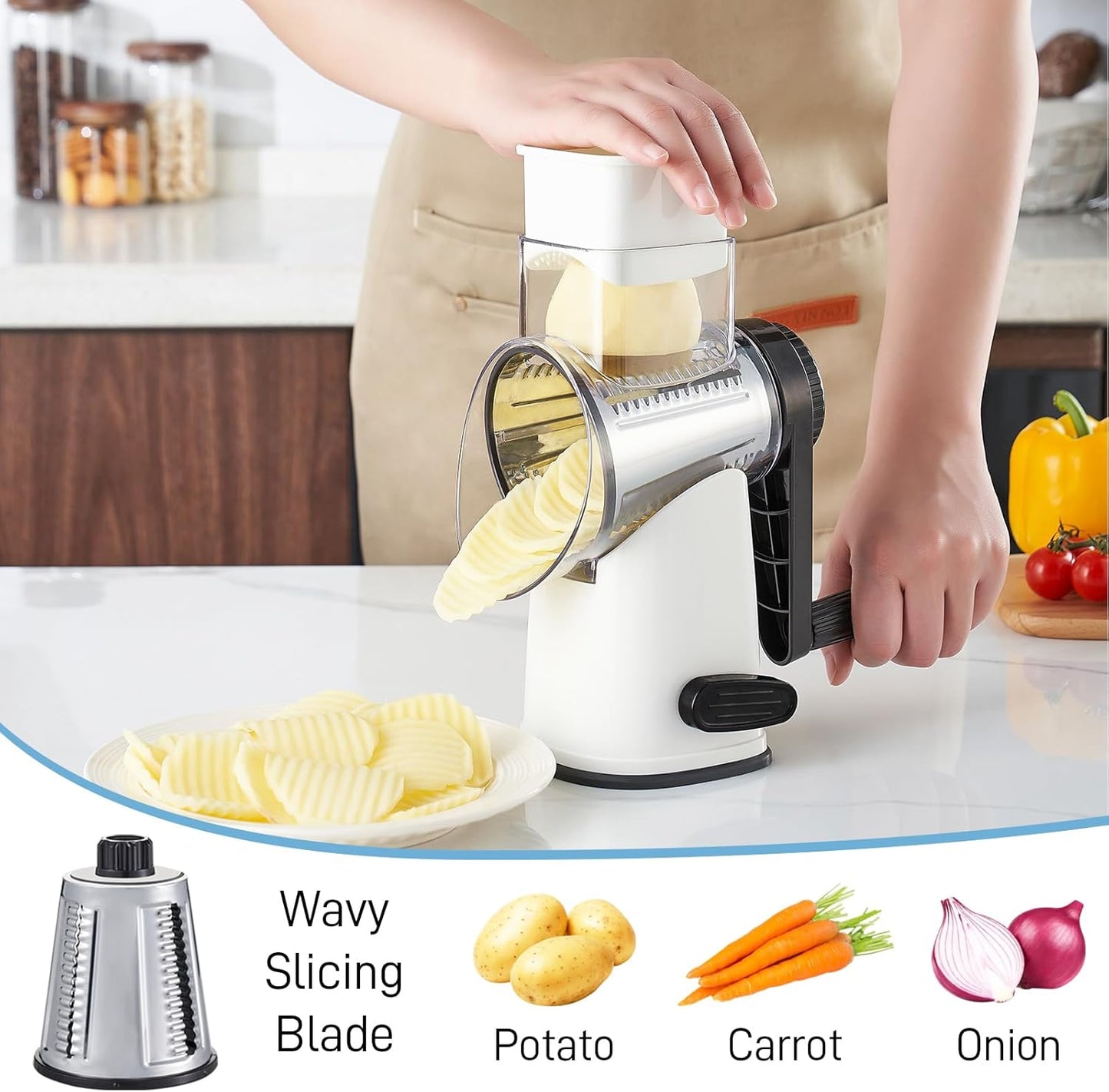 VEKAYA Cheese Grater, Cheese Grater Hand Crank, 4 Interchangeable Blades Cheese Shredder, Vegetable Slicer, Non-slip Suction Base, Easy to Clean Rotary Grater with Handle (White)