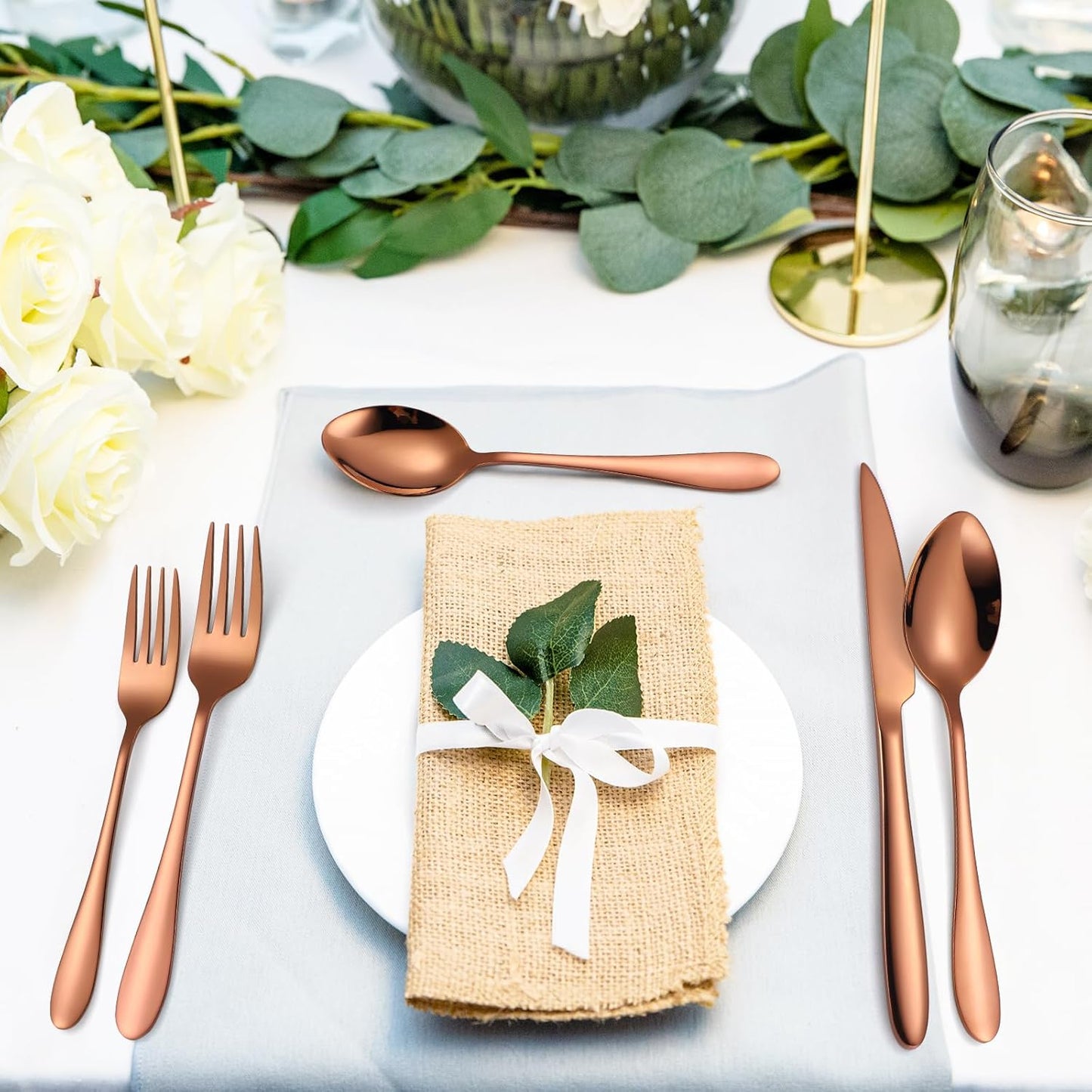 Copper Flatware Set 8 Stainless Steel Silverware 40 Pieces include Forks Spoons Knives Heavy Duty Durable for Home Kitchen Festival Parties Resturant Utensils