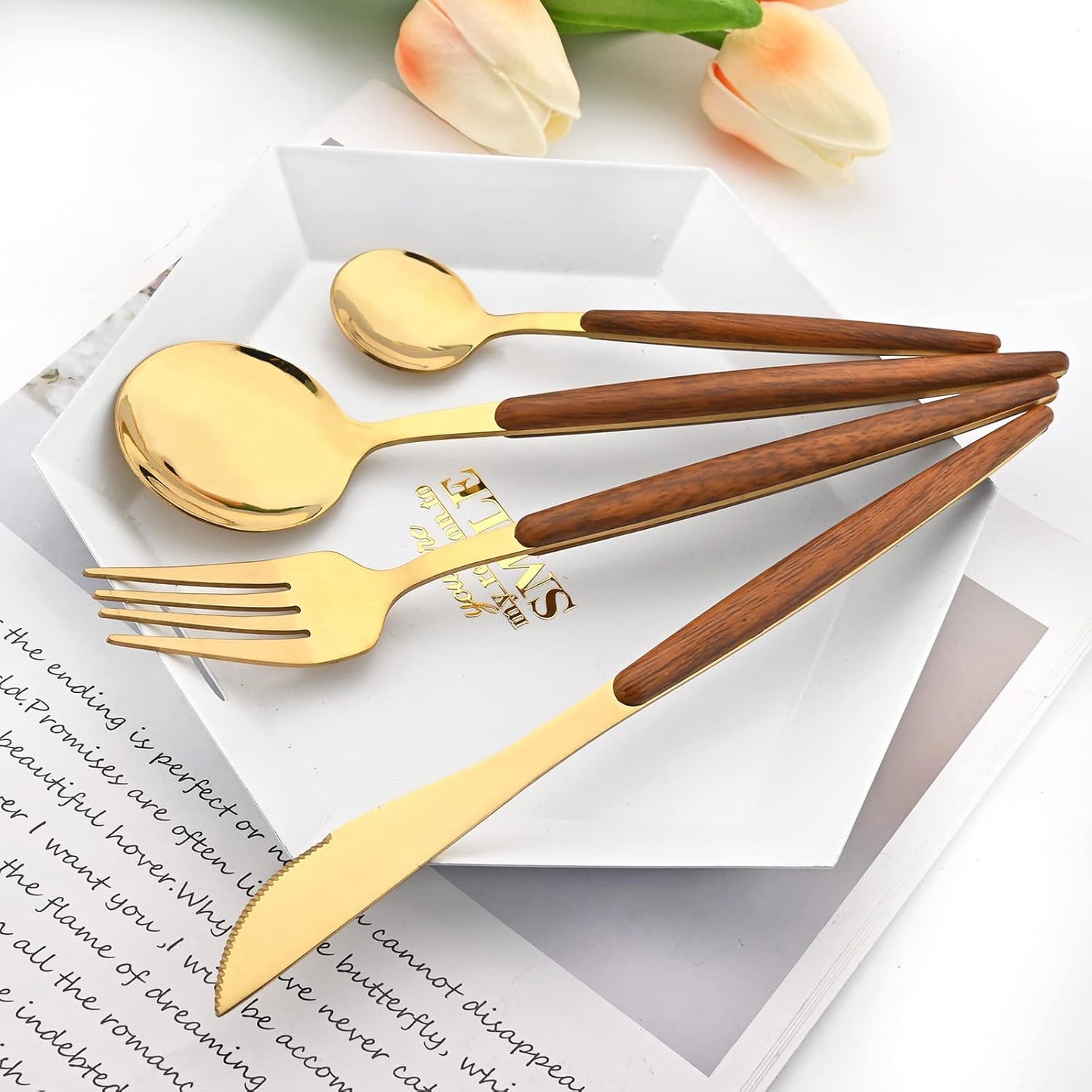 20 Piece (4 Set) Wood Handle Silverware Set, Retro 18/0 Stainless Steel Cutlery Set, Kitchen Utensils Include Knife Fork Spoon, Mirror Polish, Gold