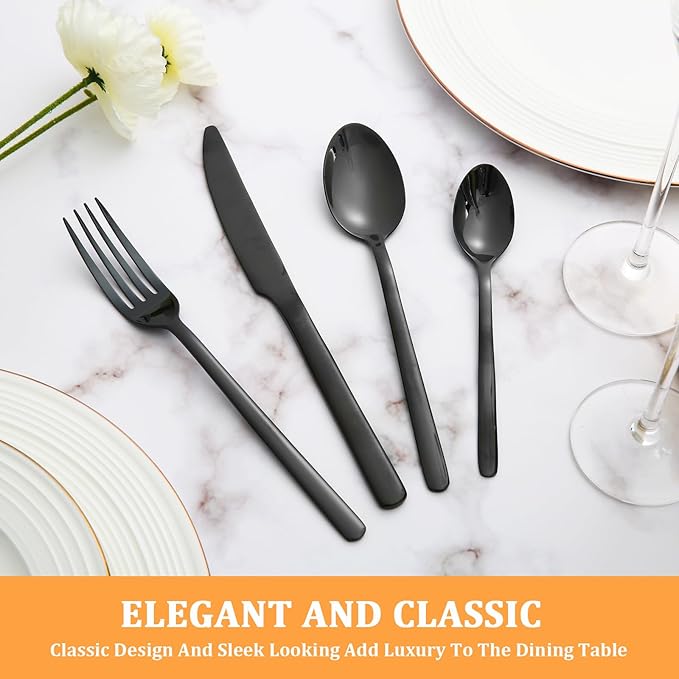 KOOMADE-Elysian -24 Piece Set Black Stainless Steel Home Kitchen Flatware Include Forks Spoons Knives Great for Family Gatherings & Daily Use