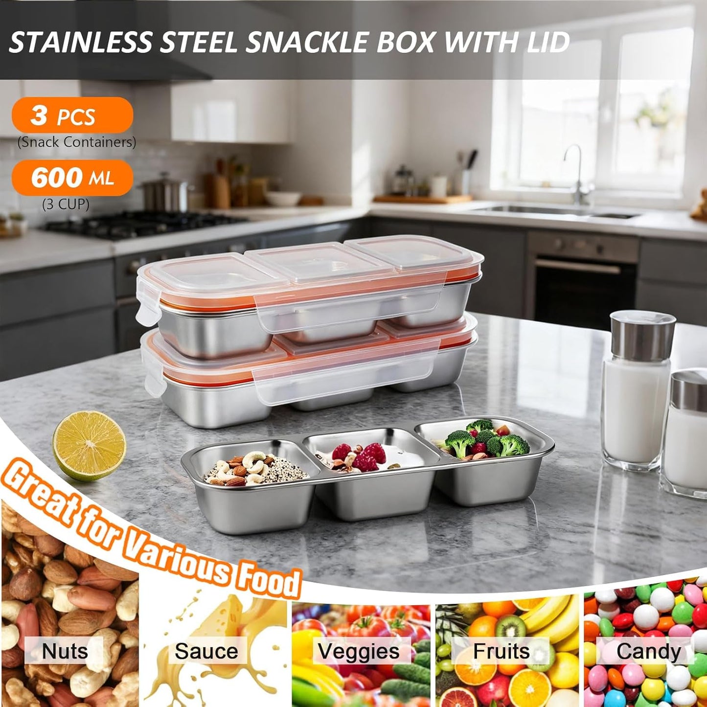 3 Pack Stainless Steel Snack Containers with Lids, Leakproof Lunch Box Containers, Reusable 3 Compartment Snackle Box, Grab and Go lunchable container for Travel
