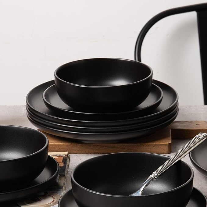 12-Piece Matte Black Dinnerware Set,Stoneware Dinnerware for 4, Microwave & Dishwasher Safe, Stackable Design for Kitchen and Dining - Plates and Bowls