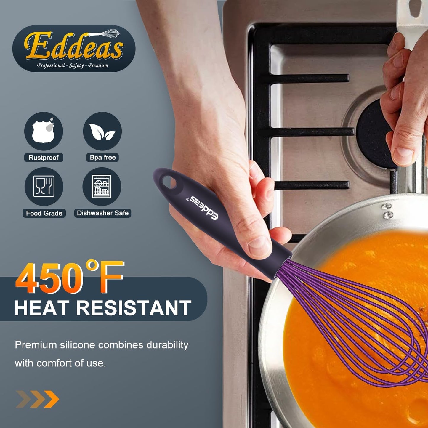 Silicone Whisk, Eddeas Whisk Non-Scratch Coated Whisks set of 3-Heat Resistant(450°F) Kitchen Wisk, Balloon Egg whisk Perfect for Blending, Whisking, Beating & Stirring, Purple
