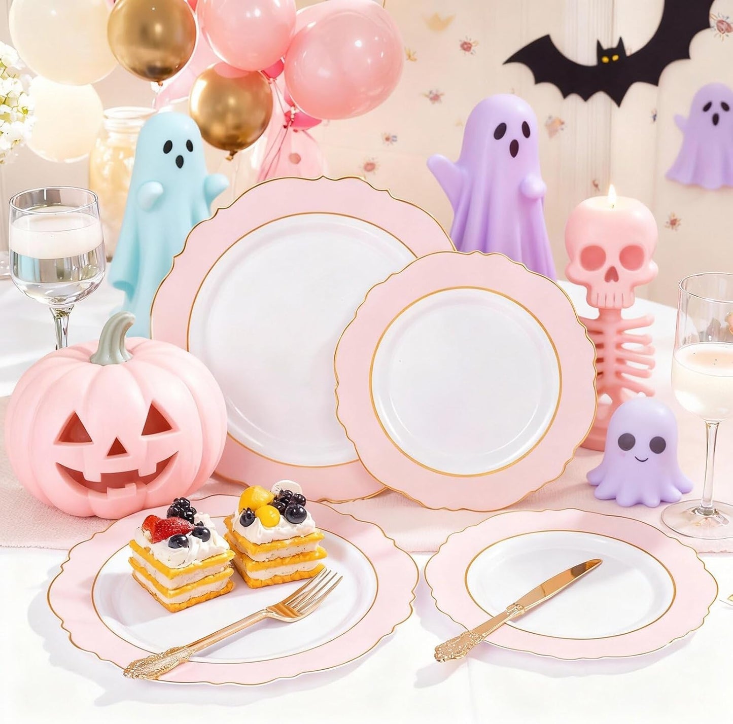 WDF 60pcs Pink Dessert Plates - 7.5inch Baroque Pink &White Disposable Dessert/Appetizer Small Cute Cake Plates for Upscale Parties &Wedding-Special for Bridal Shower, Brithday, Baby Shower,Halloween