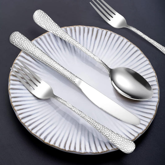 Vintage Silverware Set Hammered Flatware Silver Eating Utensils Stainless Steel Forks Spoons Knives for Restaurant Home Kitchen Parties Durable
