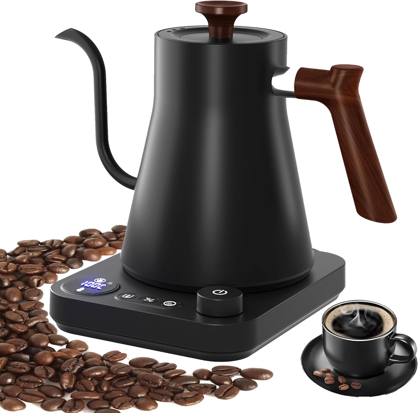 RHD Electric Gooseneck Kettle with LCD Display, Real-Time Temp Control Hot Water Boiler to Pour Over Coffee, Brew Tea, Switchable ℉/℃, 1200 Watt Quick Heating Pot, 0.9L, 304 Stainless Steel,Matt Black