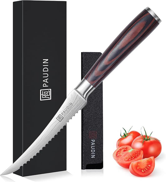 PAUDIN Tomato Knife, 5 inch Serrated Tomato Knives with Sheath, High Carbon Stainless Steel Tomato Slicer Knife for Smooth Cutting Slicing Vegetables and Fruits