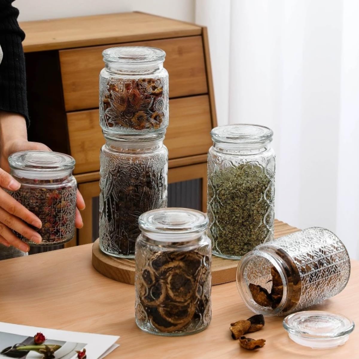 ANSQU 2-Pack Glass Bath Salt Jar with Wooden Scoop, 23.7oz Bath Salt Container with Lid, Coffee Grounds Container, Coffee Canister