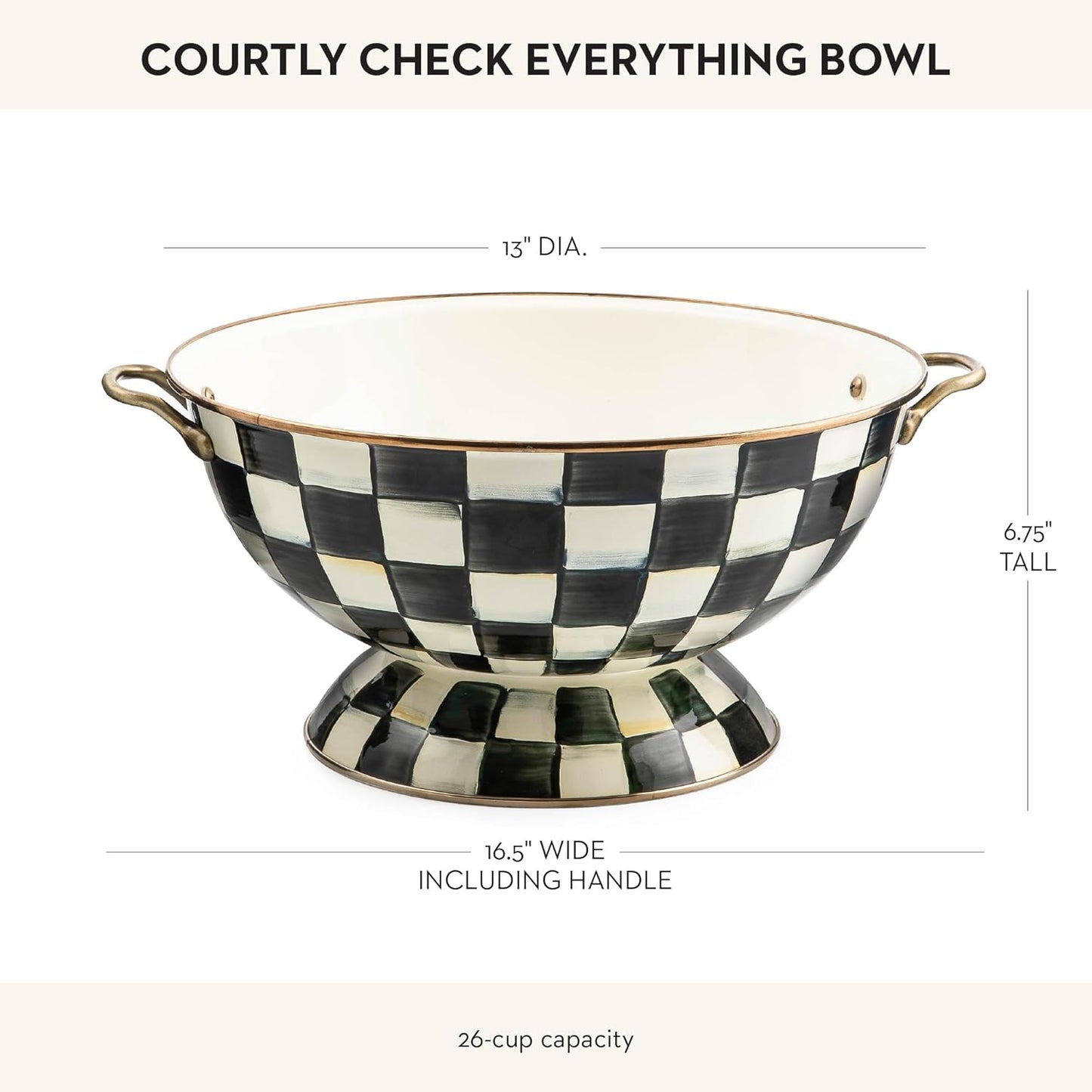 MACKENZIE-CHILDS Enamel Bowl, Serving Bowl for Entertaining, Everything Bowl, Black-and-White Courtly Check