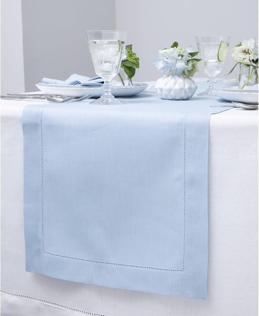 Solino Home Linen Sky Blue Table Runner 156 Inches Long - 100% Pure Linen Extra Long Table Runner 14 x 156 Inch - Classic Hemstitch