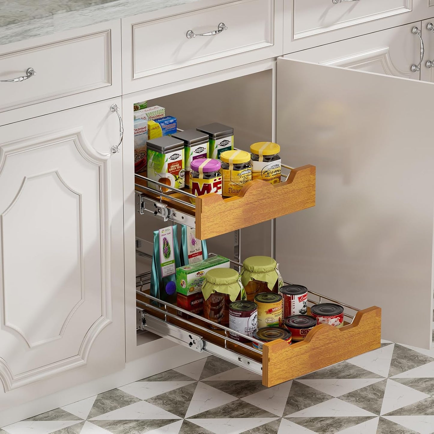 DINDON 2 Tier Pull Out Cabinet Organizer (14" W x 21" D) Slide Out Wood Shelf Double Tier Kitchen Wire Basket with Chrome Finish…