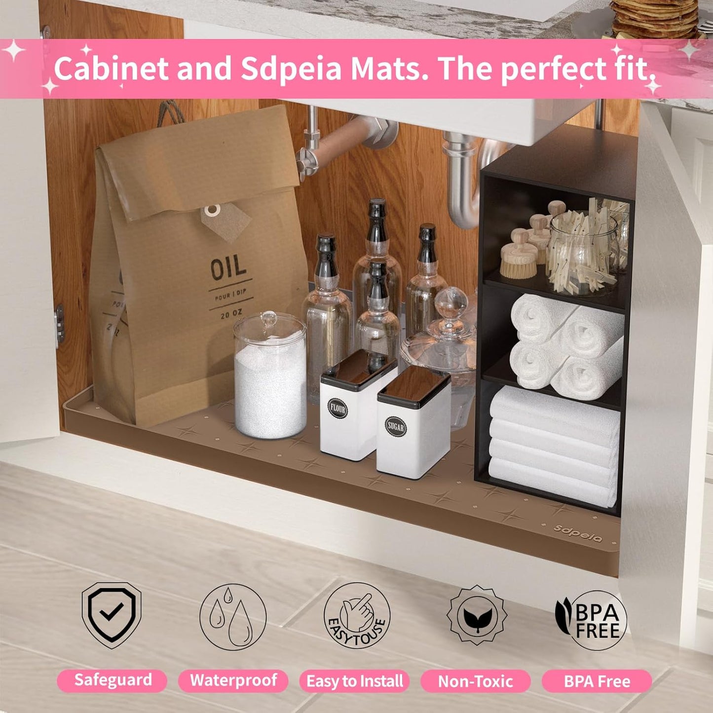 Sdpeia Under Sink Mat for [31" x 22"] Cabinet, Upgraded Silicone Waterproof Mat Kitchen Cabinet Liner Cabinet Protector Kitchen Organizers and Storage