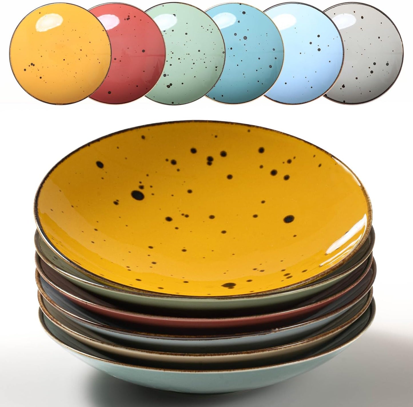 Esfour Ceramic 7.84 Inch Serving Bowls - Set of 6 | 20 Oz Large Pasta Salad Bowls, Microwave/Oven Safe, Wide Shallow Porcelain Bowls for Party, Dinner, Entertaining, Stackable - Vivid Assorted Colors