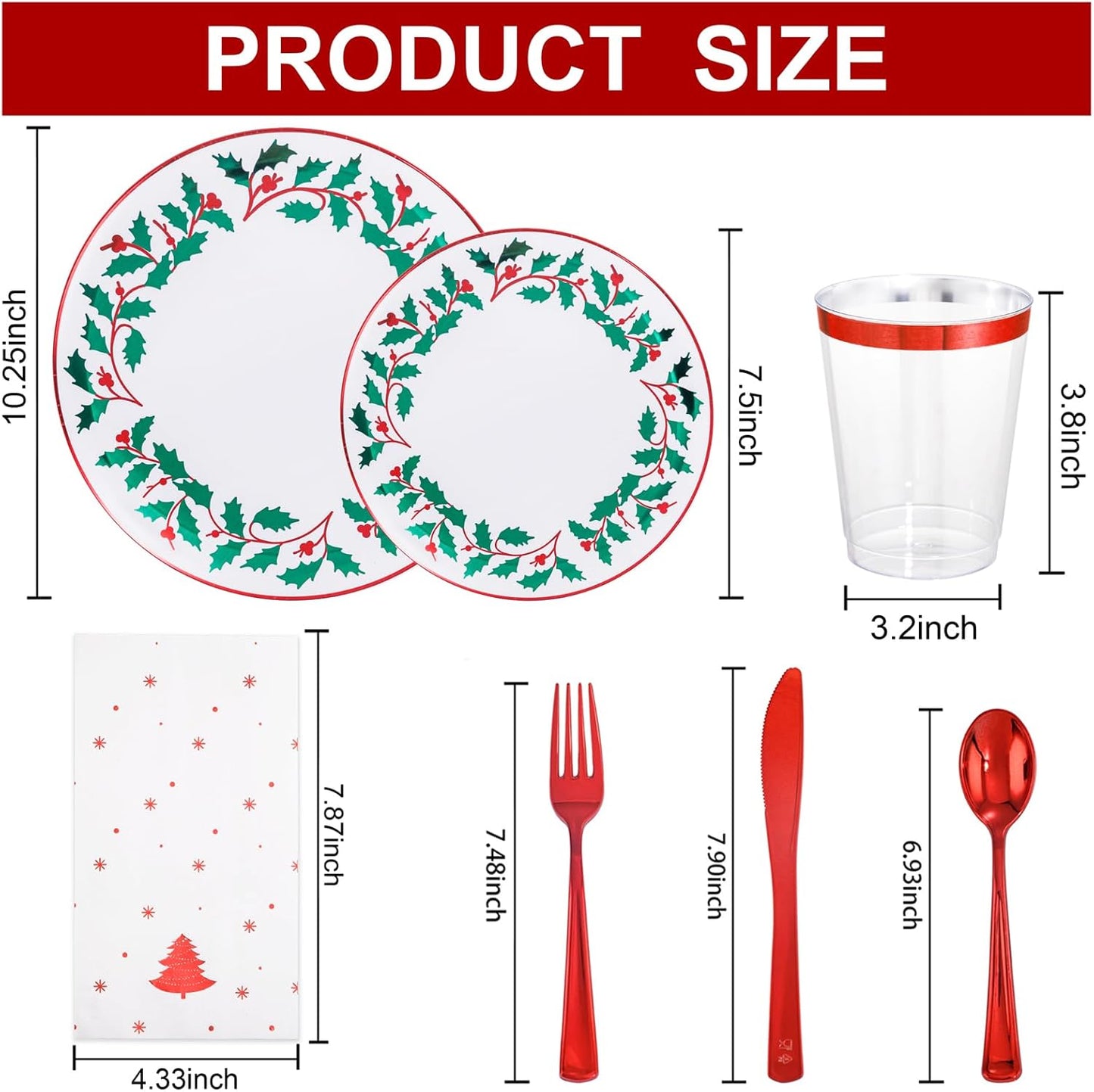 WDF 175Pcs Disposable Christmas Plates & Napkins - 25 Dinner & Dessert Plates, 25 Utensils, 25 Cups, 25 Christmas Napkins