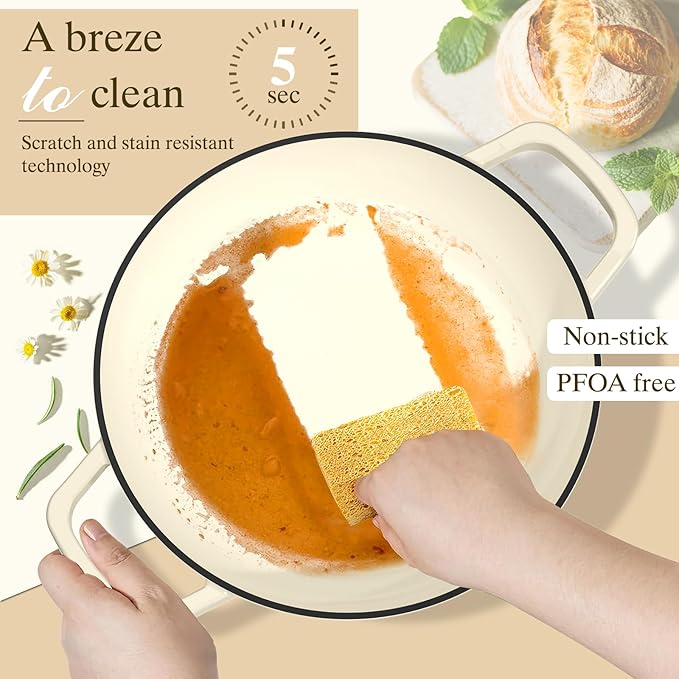 Enameled Round Cast Iron Bread Oven, 6 Qt Cast Iron Dutch Oven for Homemade Sourdough Bread Baking, Bread Pot with Dome Lid & Cotton Potholders (Cream White)