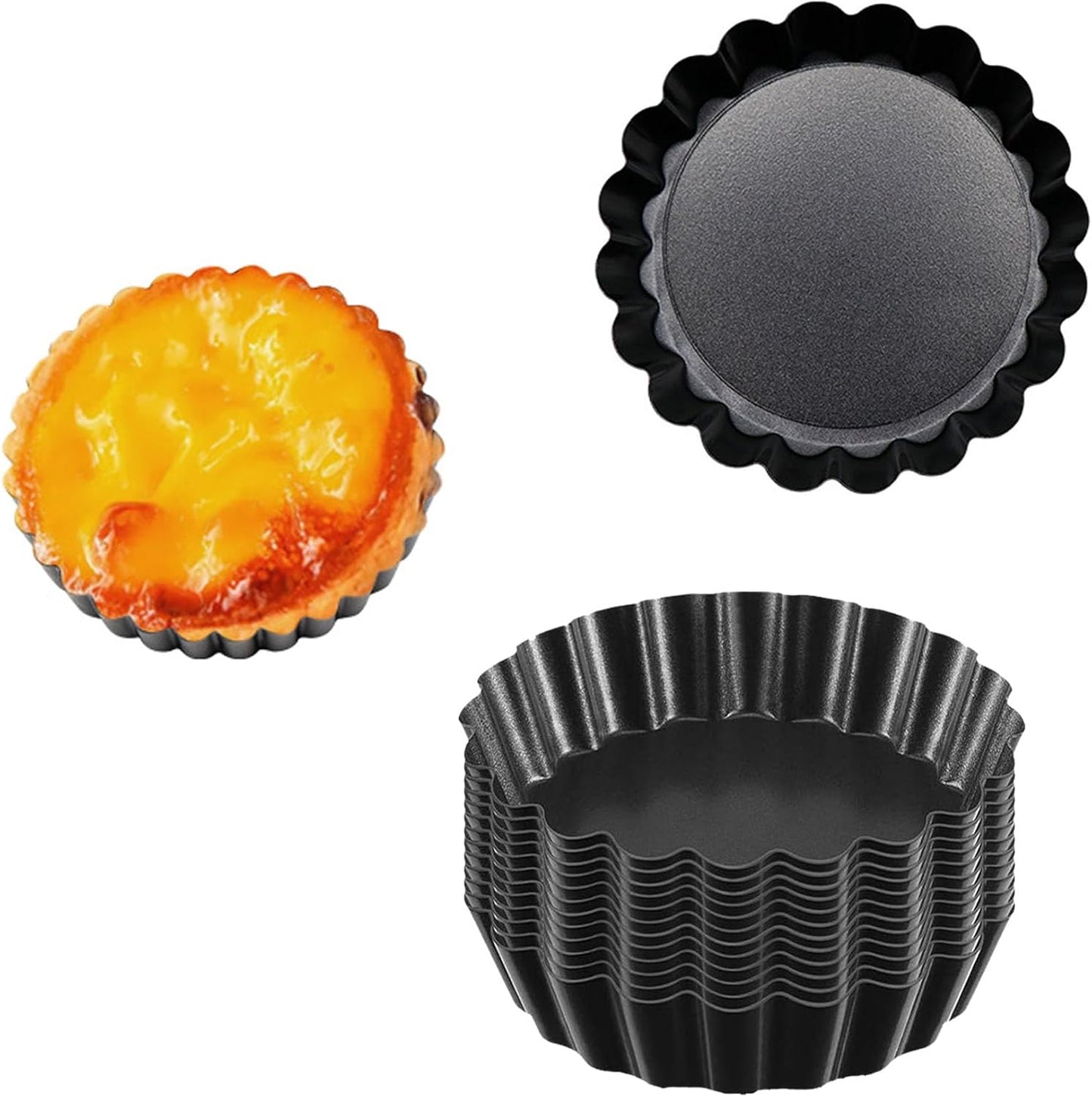 12 Packs 3 Inch Egg Tart Molds with Removable Bottom, Non-Stick Pan Carbon Steel EggTart Molds, Muffin Cupcake Pudding Baking Cup Maker - for Pies, Chinese Tart, Cakes
