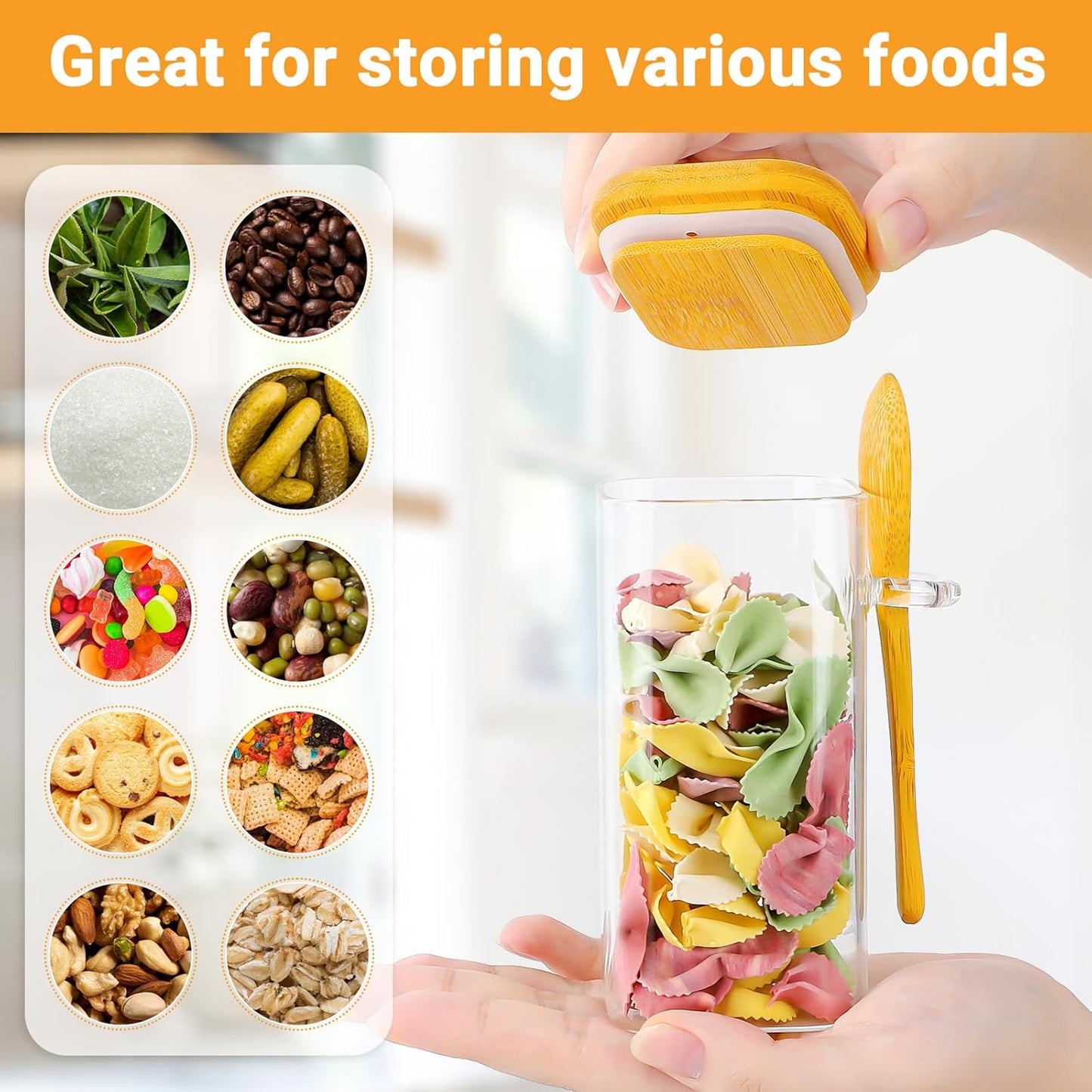 Glass Jars with Bamboo Lids and Spoons - 2 Pack 11 Fl.oz Square Glass Spice Jars with Airtight Lid, Clear Pantry Storage Container Food Canister for Seasoing, Loose Leaf Tea, Coffee, Sugar, Oats