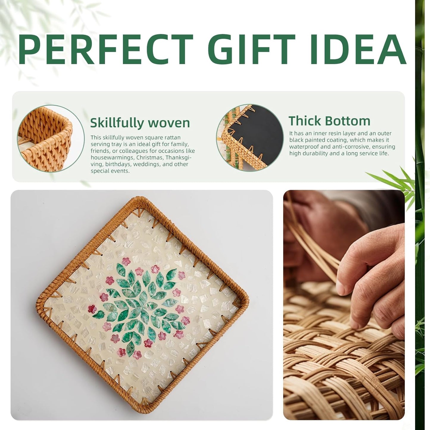 Rattan Tray with Mother of Pearl Inlay, Boho Coffee Table Decor, Decorative Serving Tray, Farmhouse Gift for Living Room & Bathroom