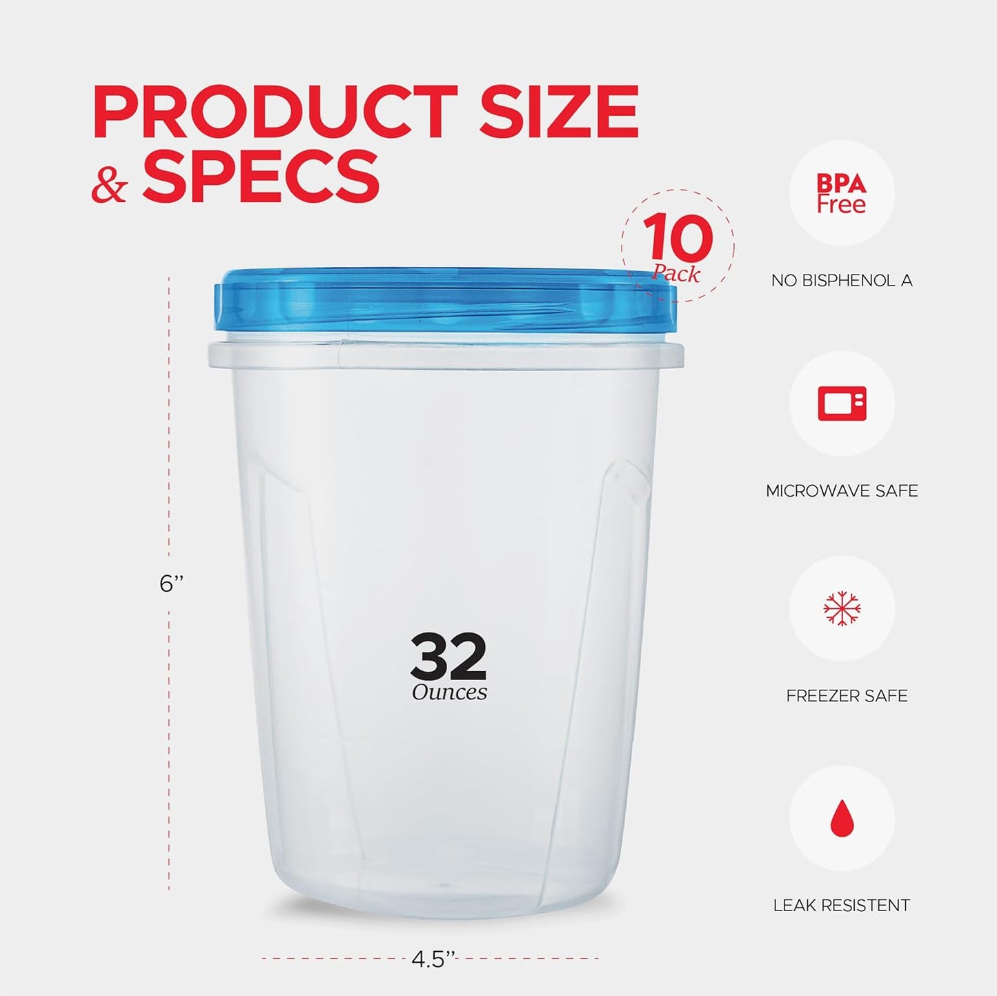 Tafura 10 Pack Leakproof Freezer Containers for Food with Twist Top Lids - 32 Oz BPA Free Reusable Plastic Soup Containers with Screw On Lids - Ideal for Meal Prep, Leftovers & Pantry Organization