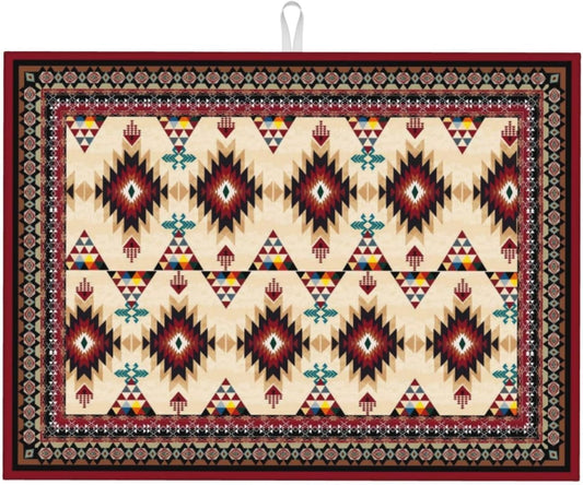 Southwestern Tribal Aztec Geometric Dish Drying Mats for Kitchen Counter & Sink, Absorbent Microfiber Drying Pad for Dishes, Ethnic Rustic Brown Kitchen Mat for Dining Area & Home Decor, 16" x 18"