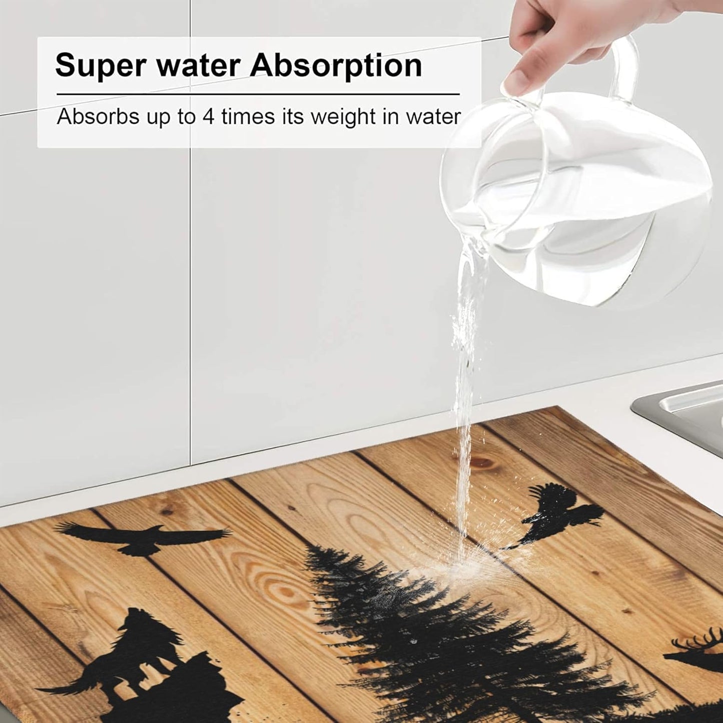 Retro Rustic Wolf Deer Forest Brown Wood Dish Drying Mat for Kitchen Counter, 16"x18" Microfiber Absorbent Fast Dry Mat, 2Pcs Dish Mat Faucet Mats Sets, Large Drying Kitchen Mat Kitchen Drying Pad