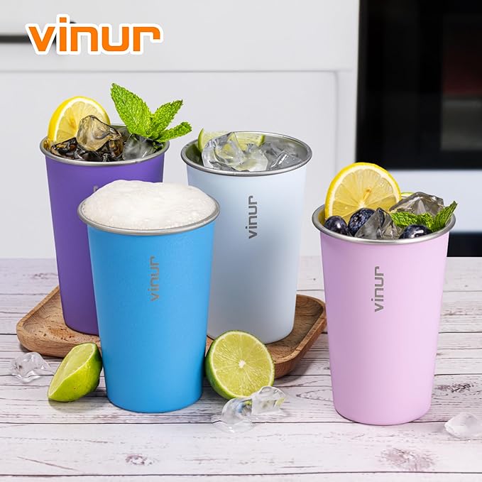 VINUR 16 oz Stainless Steel Cups 4 Pack Pint Tumbler Stackable Metal Drinking Glasses for Travel, Camping, Outdoors (Purple Pink-Sky Blue-Purple-Baby Blue)
