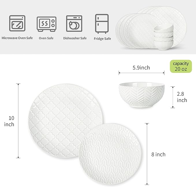 Sureasy 12-Piece Ceramic Dinnerware Set for 4 - Embossed Plates and Bowls Sets, Scratch Resistant Dish Set, Microwave, Oven & Dishwasher Safe, White