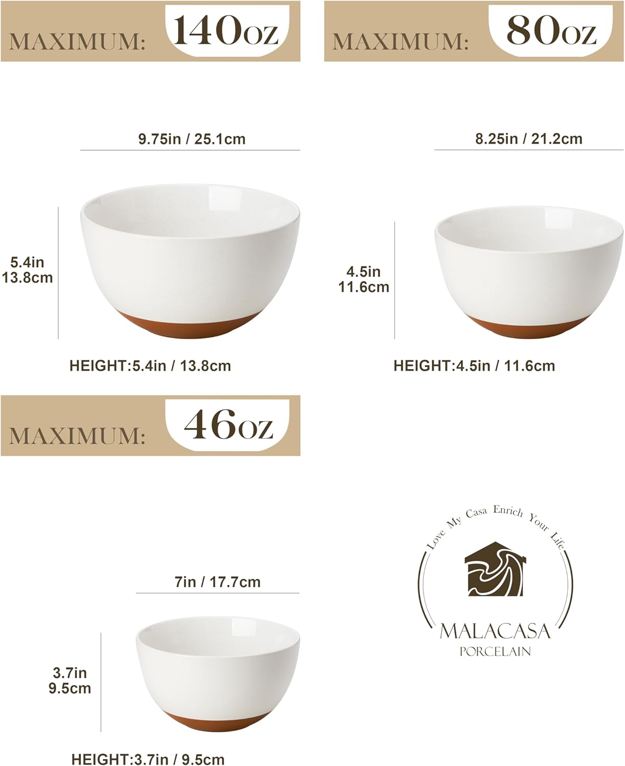 MALACASA Ceramic Mixing Bowls, Large Serving Bowls for Mixing, Cooking, Prepping, Baking, Salad, Soup, Pasta, Nesting Bowls Set of 3, 46/80/140 Oz, Oven, Microwave and Dishwasher Safe, Series TARA