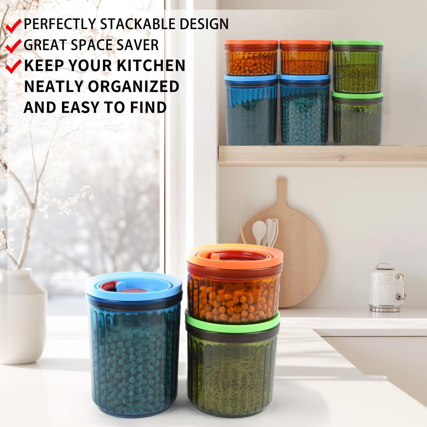 Airtight Food Storage Containers BPA-Free Stackable Air Tight Kitchen Pantry Organization Canisters Ideal for Storage Cereal Snack Flour Sugar Coffee Spaghetti (6pcs)