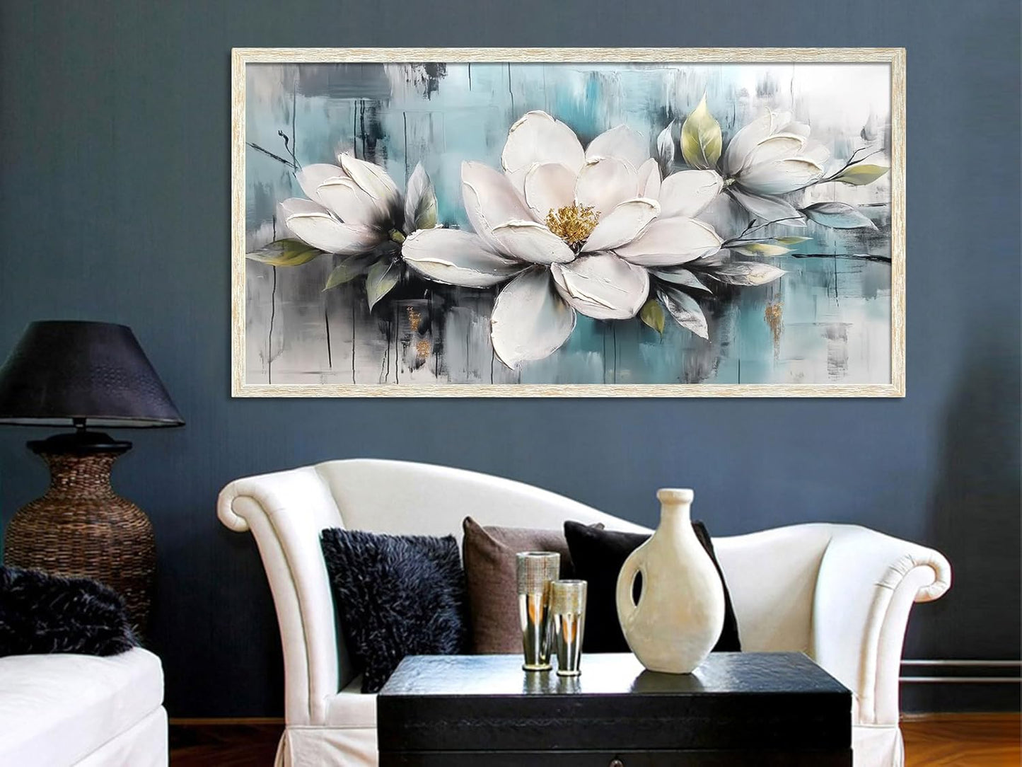 Ardemy Magnolia Wall Art Framed Large Canvas Wall Decor Living Room, White Floral Pictures Wall Decor Teal Paintings FlowerTextured Artwork for Bedroom Dining Room Home Office, 40"x20"