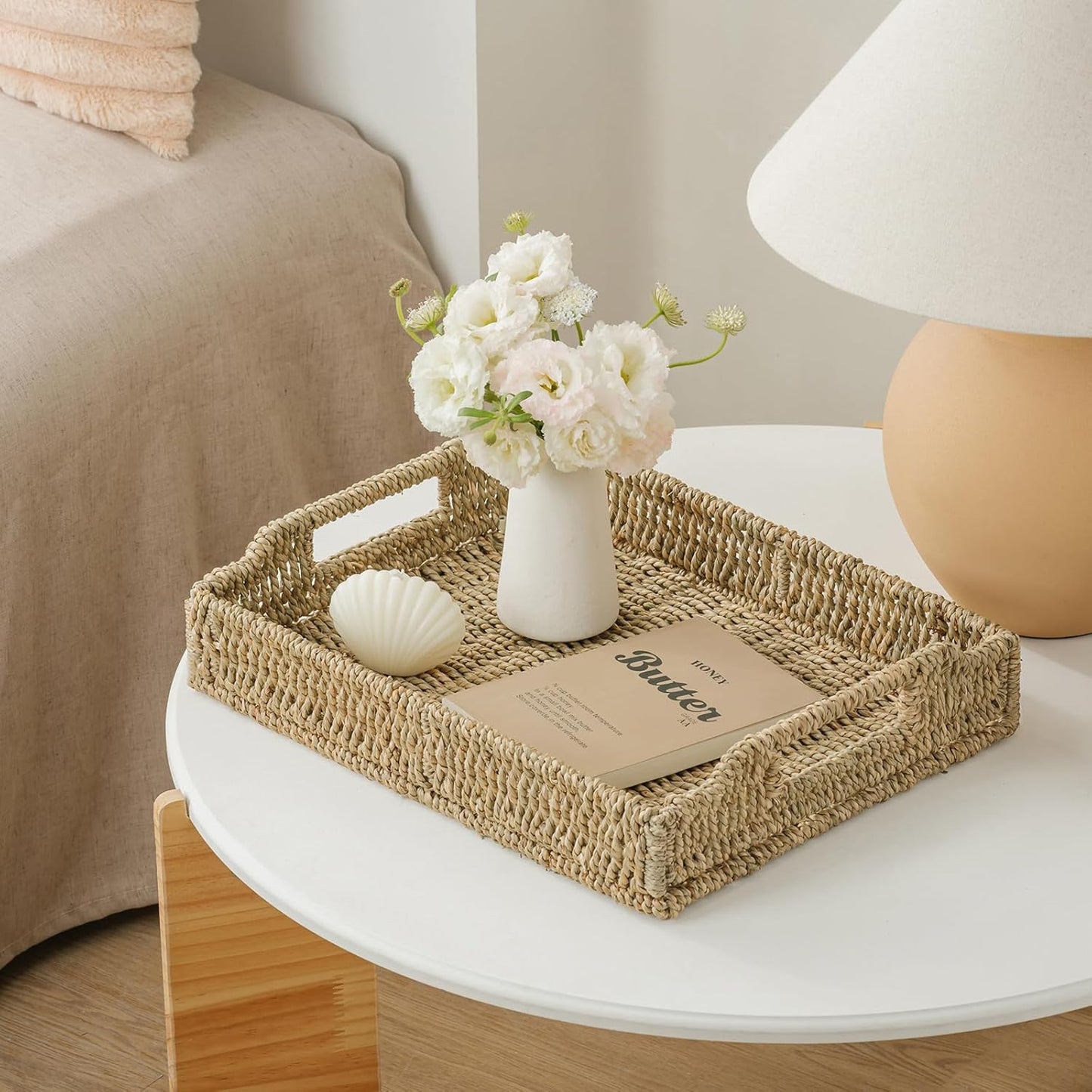 Wicker Scalloped Serving Tray with Handles - Seagrass Handwoven Trays,Water Hyacinth Tray for Home Decor and Living Room, Dining Table, Bathroom Organizing, 16.9" L x 12.9" W x 1.96" H