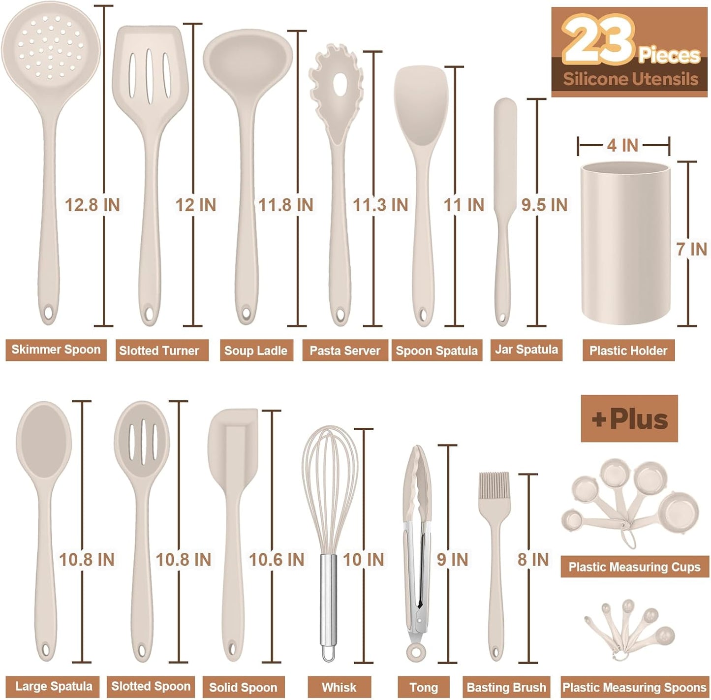 Silicone Kitchen Utensils Set, E-far 23 Pcs Khaki Cooking Utensils Tools with Holder for Nonstick Cookware, Include Spatula/Spoon/Ladle/Tongs/Turner, Heat Resistant & Nontoxic, Dishwasher Safe