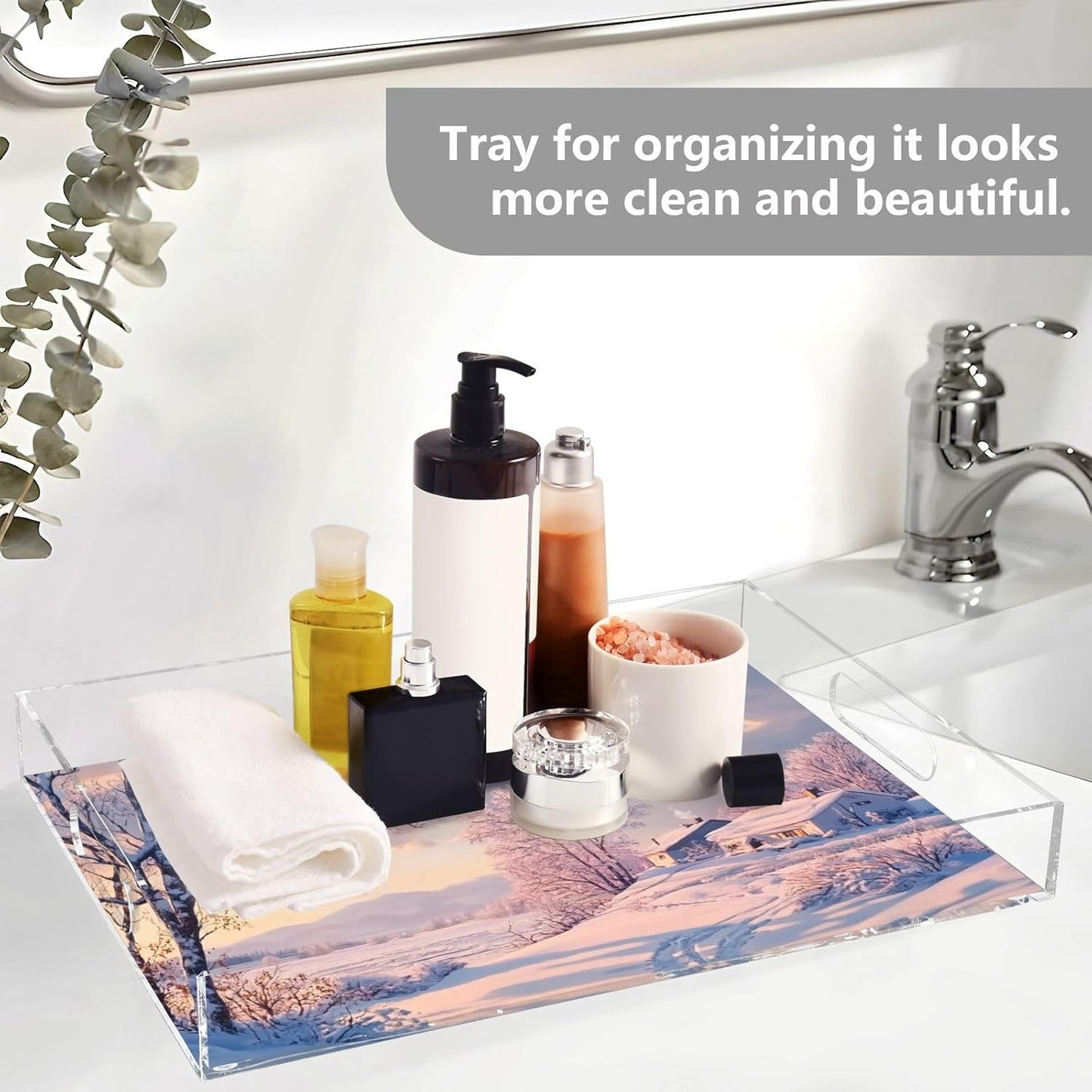Acrylic Serving Tray with Handles Spill Proof Kitchen Storage Tray Clear Decorative Tray Makeup Drawer Organizer Storage Tray for Bathroom Living Room Ottoman 15.7x11.8Inches