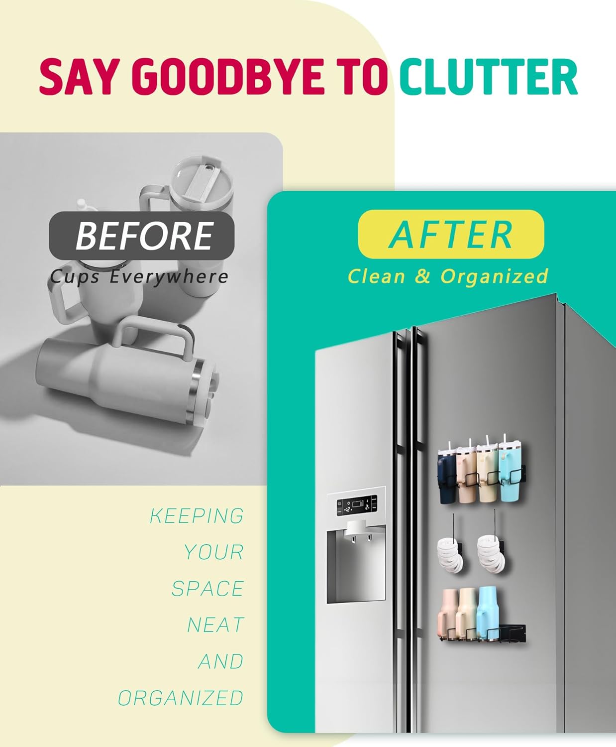 Magnetic Tumbler Holder for Stanley, Magnetic Cup Organizer for Refrigerator, Compatible with Stanley 30oz & 40oz Tumblers, Water Bottle Magnetic Rack (Black, 8 Tumblers& 2 Lid Holder)