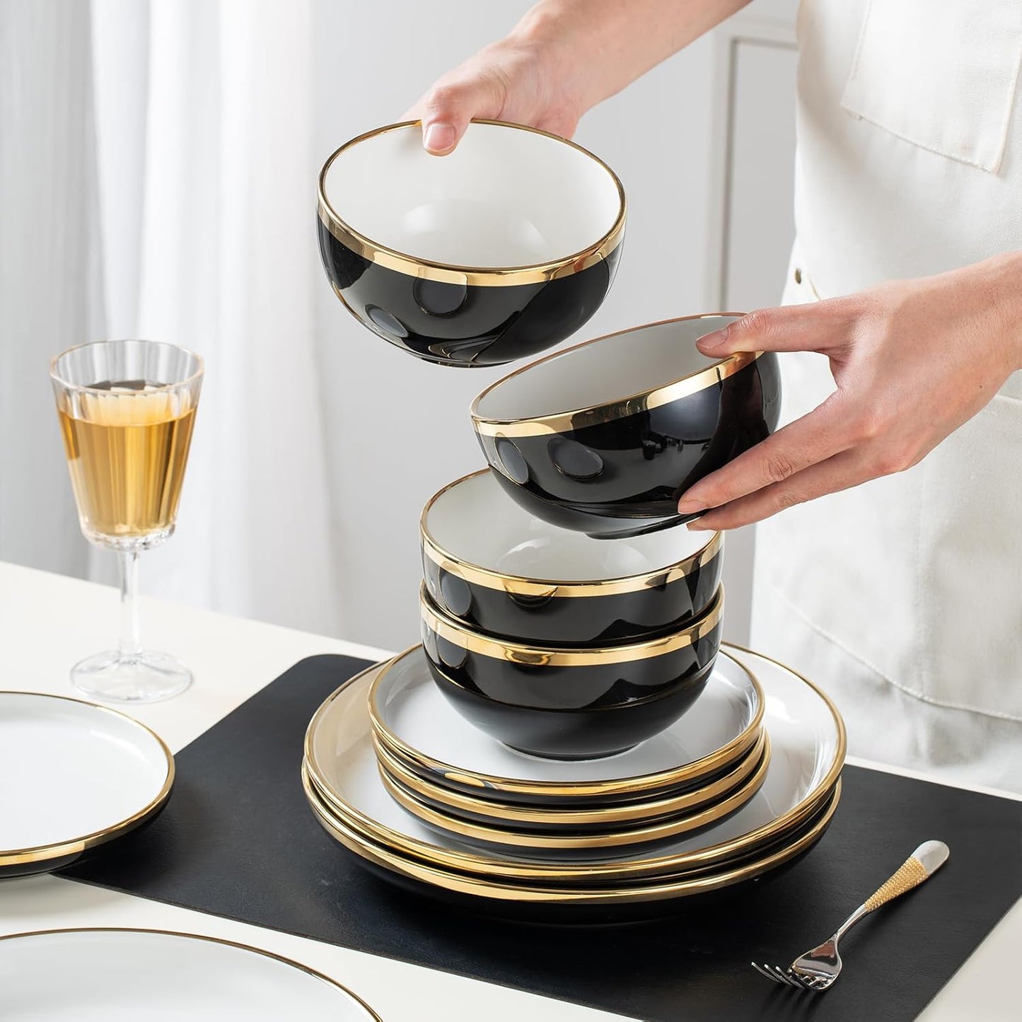 Black Ceramic Dinnerware Sets for 4, 16-Piece Contrast Plates and Bowls Set with Gold Rim, Crack Resistant | Dishwasher & Freezer Safe Dinnerware Set, Service for 4