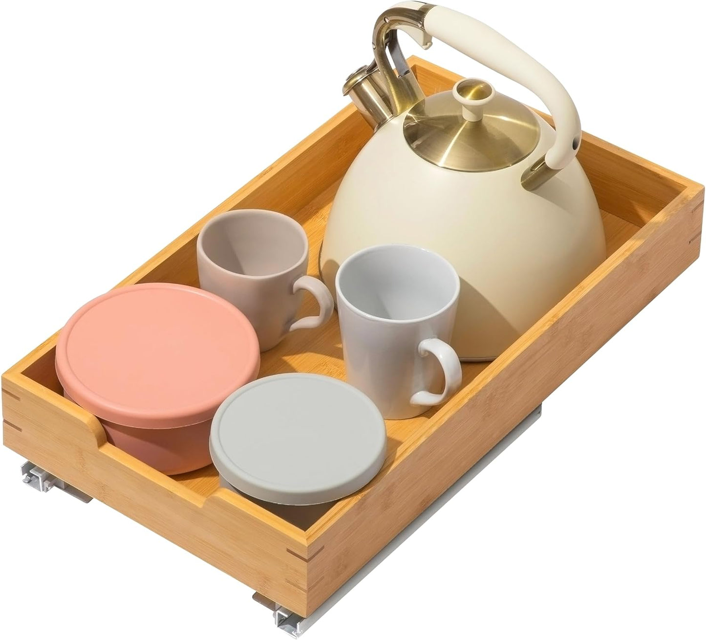 HOLDN’ STORAGE Bamboo Wooden Pull out Cabinet Organizer 11" W x 20" D - Requires At Least a 12.25" W x 21" D. Cabinet Opening. W/Lifetime Limited Warranty. Bamboo Tray and Heavy gauge metal rails.