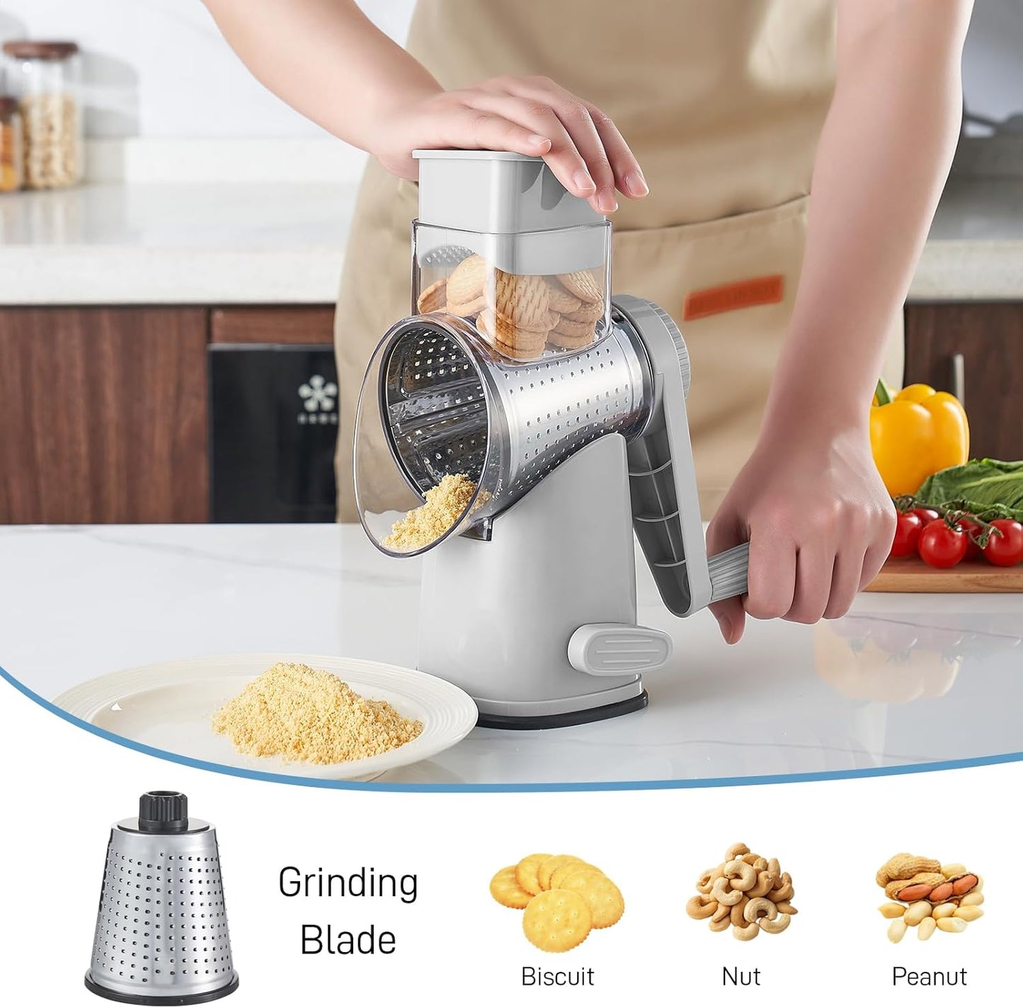 VEKAYA Cheese Grater, Cheese Grater Hand Crank, 4 Interchangeable Blades Cheese Shredder, Vegetable Slicer, Non-slip Suction Base, Easy to Clean Rotary Grater with Handle (Grey)