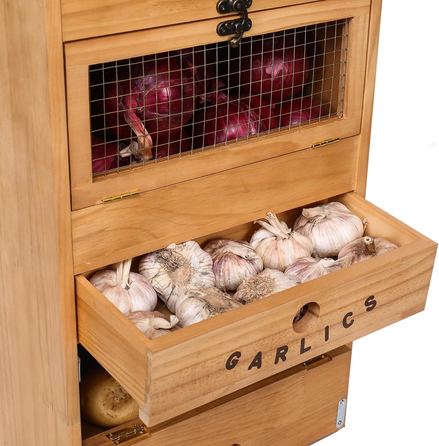 Potato Bin Veggie Organizer Rustic Pine Wood Potato, Onion & Garlic Storage Bin | Kitchen Organizer | Solid Wood Veggie Box | Compact Kitchen Box (13.77" L x 7.1" W x 29.3" H)