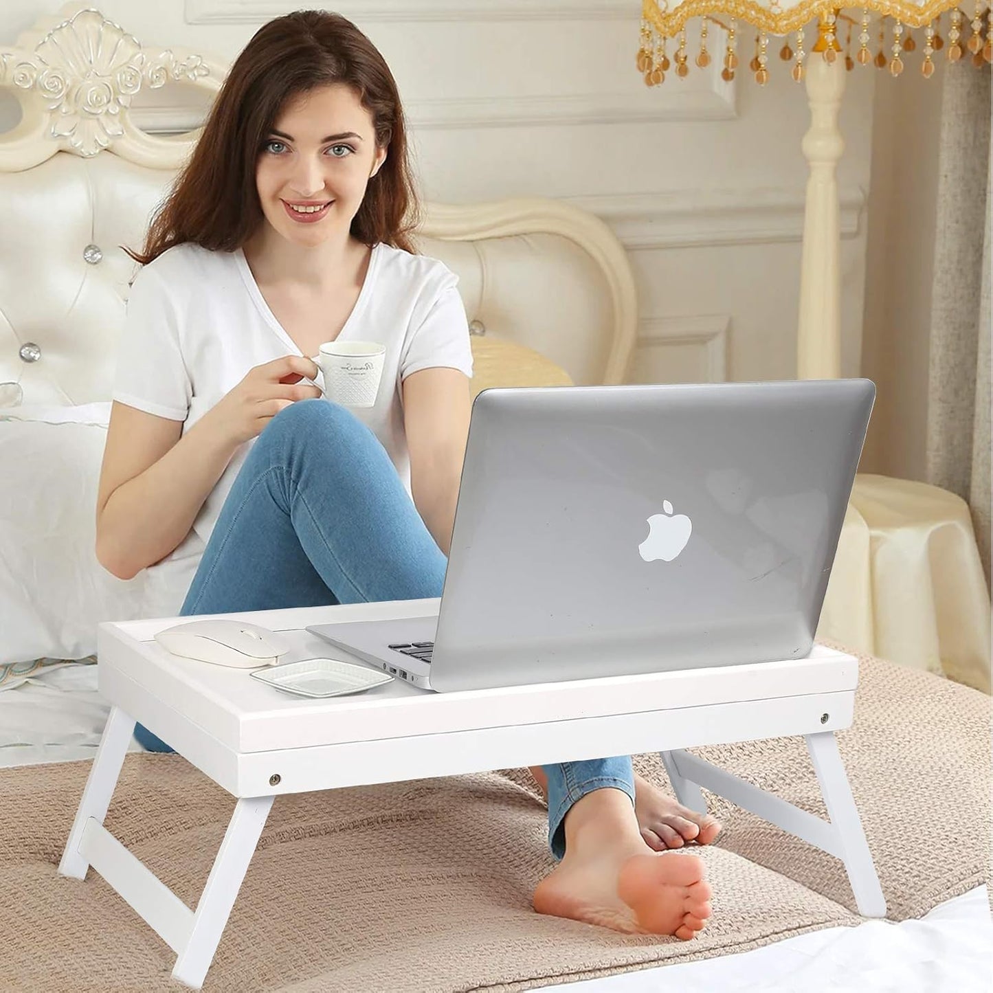 Bamboo Lap Desks Bed Table White Breakfast Tray with Folding Legs Kitchen Serving Tray for Notebook Computer Bed Platters Desk Snack Tray(White)