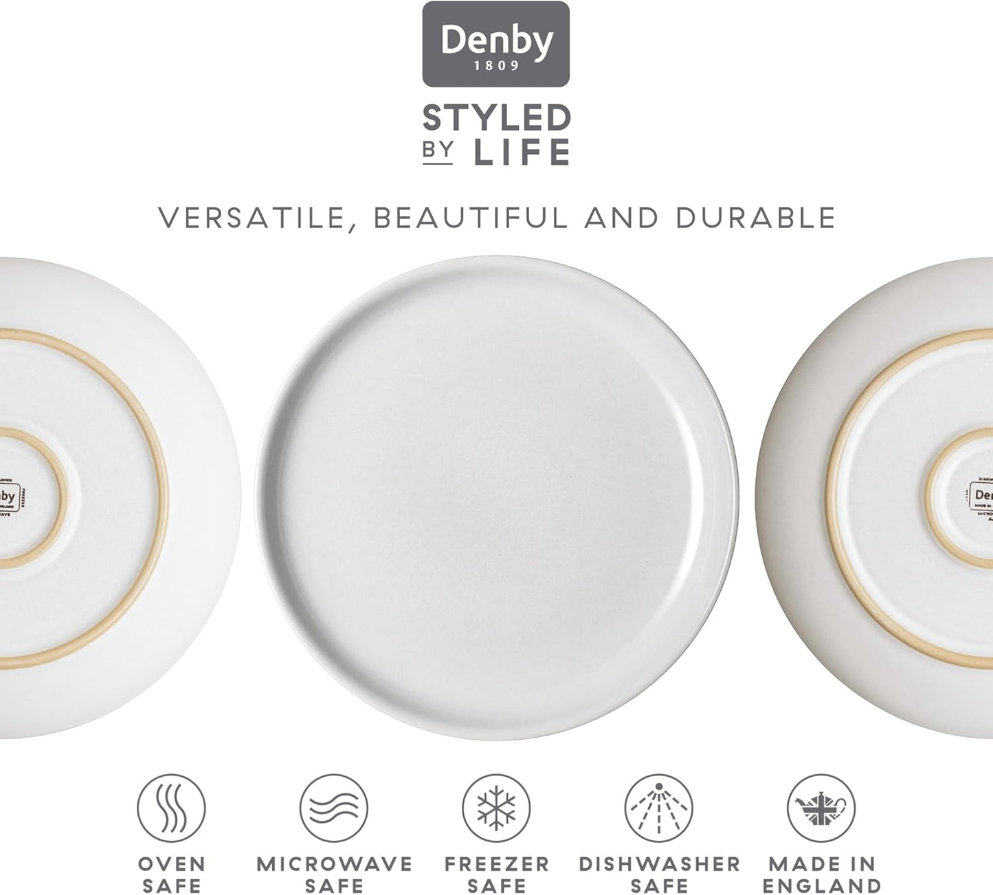 Denby - Elements Stone White Coupe Salad Plates Set of 6 - Dishwasher Microwave Oven Safe - Scratch Chip Resistant Lunch, Appetizer, Dessert Plates - 8.25 Inch Ceramic Stoneware Dinnerware Set