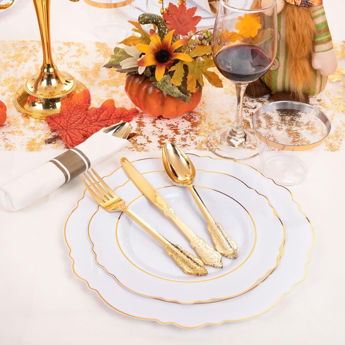 Liacere 350PCS Gold Plastic Plates-Disposable White and Gold Plates 50guest Baroque Plastic Dinnerware include 100Plates, 50Pack Pre Rolled Napkins with Silverware 50Cups for Wedding&Thanksgiving