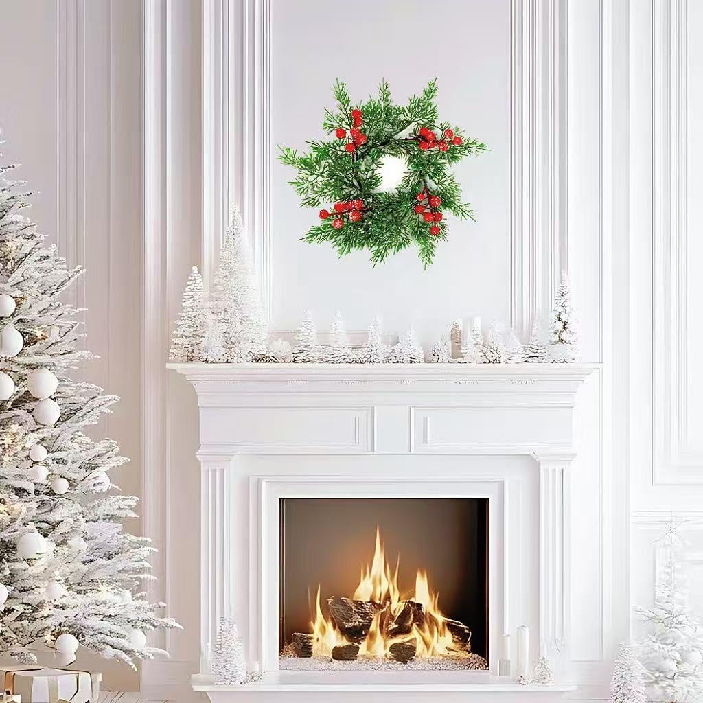 4Pcs Mini Christmas Candle Rings Wreaths, 10Inch Christmas Pine Kitchen Cabinet Candle Holder with Red Berries for Table Cenderpiece Chair Wall Window Decor