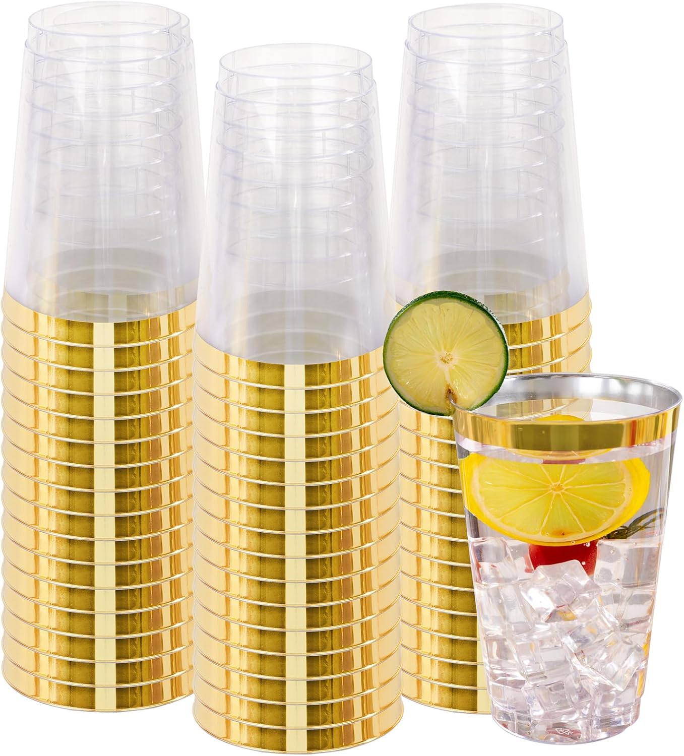 I00000 50 Pack 24 oz Gold Plastic Cups, Elegant Gold Rimmed Plastic Cups, Disposable Cocktail Glasses Wine Glasses, 24 oz Premium Tumblers Perfect for Birthday, Party & Wedding