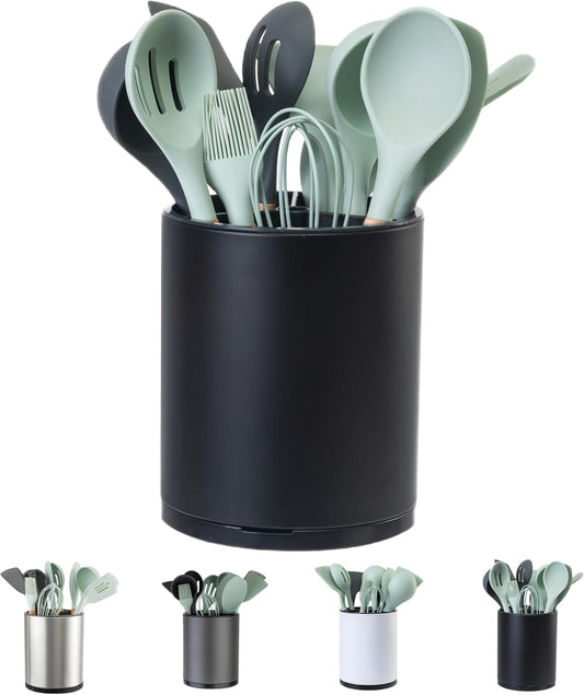 Kitchen Utensil Holder Extra Large 360°Rotating For Counter Organizer Stainless Steel Storage Cooking Silverware Caddy 3 Compartment Flatware Spoon Spatula Tool Cutlery Container（Black）
