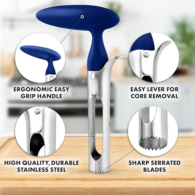Zulay Kitchen Premium Apple Corer Tool - Ultra Sharp, Stainless Steel, Serrated Blades for Easy Coring - Easy to Use & Clean, Durable Apple Corer Remover for Baking Apples & More - Dark Blue