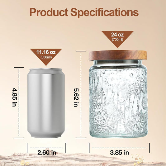 2-Pack 24 OZ Vintage Glass Jar with Lid, Airtight Food Storage Canisters with Bamboo for Kitchen Counter Pantry, Ideal for Coffee, Candy, Tea, Oats, Sugar, Cookies Decorative Jars