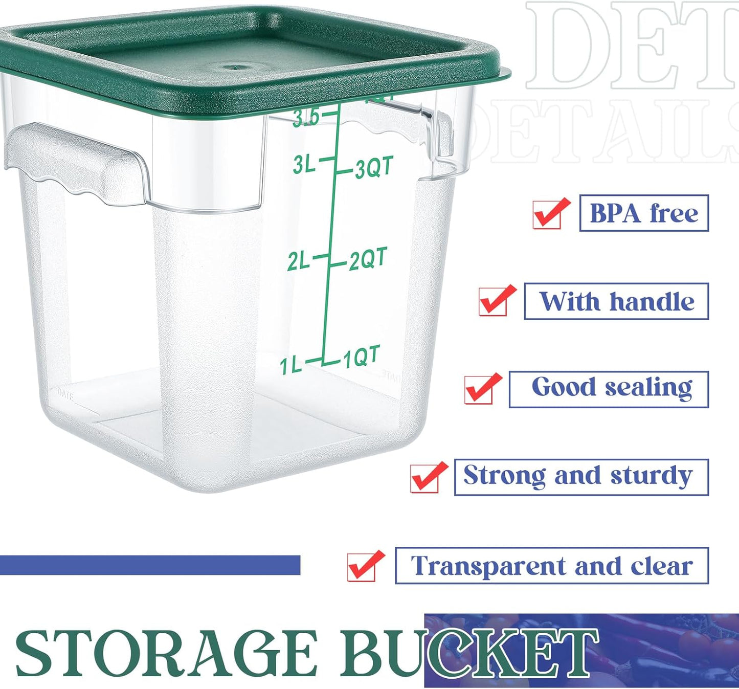 8 Set Square Food Storage Containers with Lid Contains 4 Pcs 6 Qt, 12 Quart and 4 Quart 2 Each, Clear Polycarbonate Commercial Food Storage Container Dough Proofing for Restaurant Home