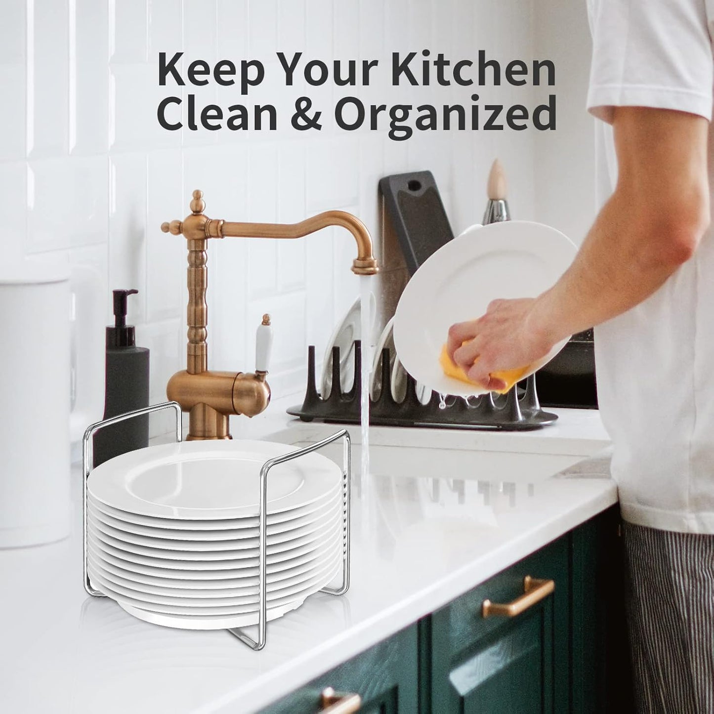 Wisuce Dish Racks for Kitchen Countertop Organizer - Bamboo Plate Holder Adjustable Size | Stainless Steel 304 Portable Handle for Kitchen Drawer Countertop Cupboard Shelf