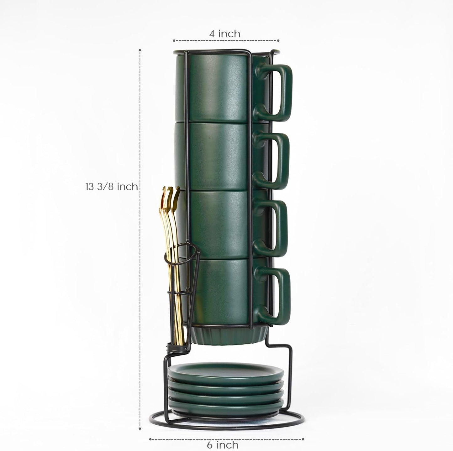 Coffee Mug Set of 4-11.5 Oz Porcelain Stackable Coffee Mugs with Saucers, Spoons & Metal Stand - Ceramic Tea Cups with Rack - Dishwasher & Microwave Safe