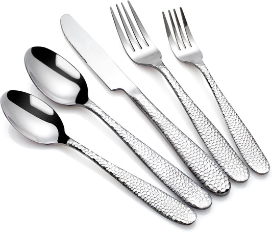 Hammered Silverware Set, CITESANA 40-Piece Heavy Duty Mirror Polished Stainless Steel Flatware Set Cutlery Set Flatware Service for 8